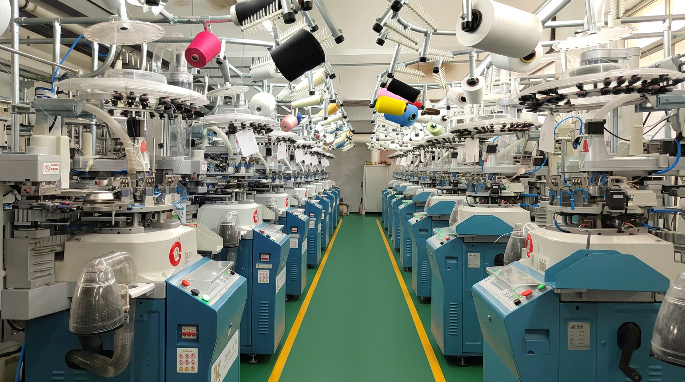 Modern sock manufacturing workshop with knitting machines